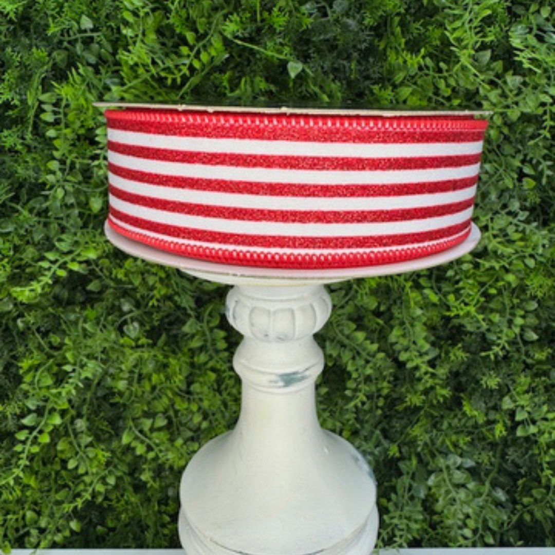 DC Exclusive Farrisilk 1.5" x 10 YD Red and White Mini Glitter Stripes Wired Ribbon