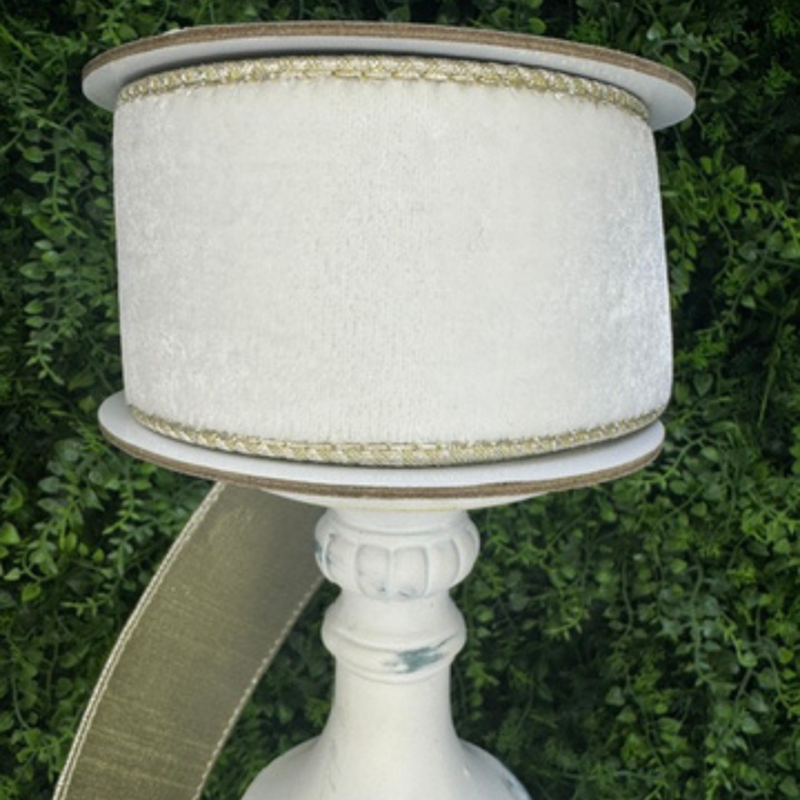 DC Exclusive Farrisilk 1 inch x 5 yard White Mirror Reflection wired ribbon with oval mirrors, clear gems and gold detailing for designer bows and luxury décor.