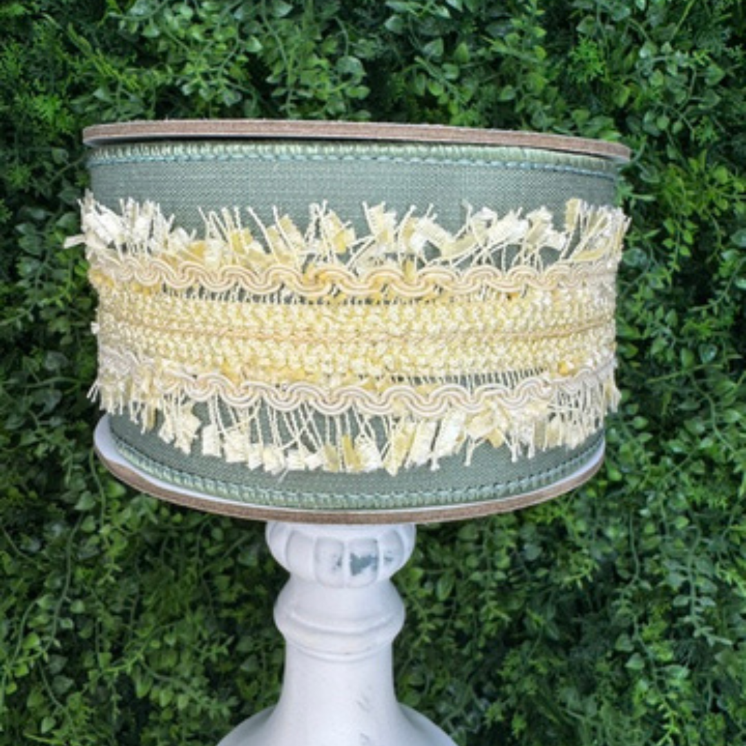 Exclusive Farrisilk Wired Ribbon in Sage green with cream layered fringe on a spool perfect for making bows, DIY, floral arrangments for designers and beginners.