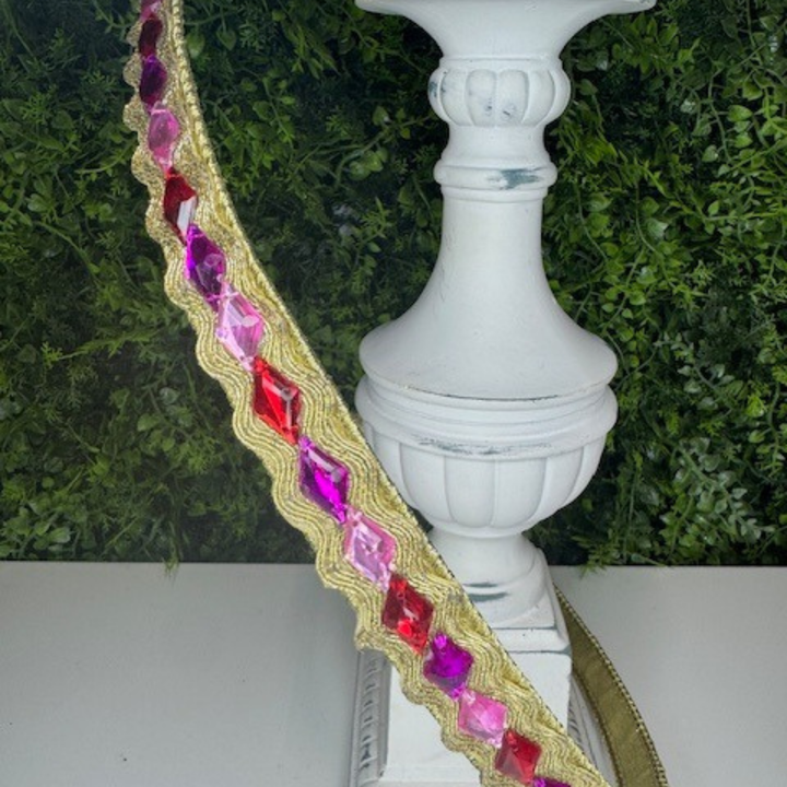 Farrisilk .75" X 5 YD Red Pink and Hot Pink Jester Jewels Wired Ribbon