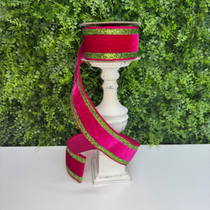 Designer Hot Pink Velvet Wired Ribbon with Green Glitter edges perfrect for Designing bows for seasonal decor like wreath making and decorating Christmas Trees