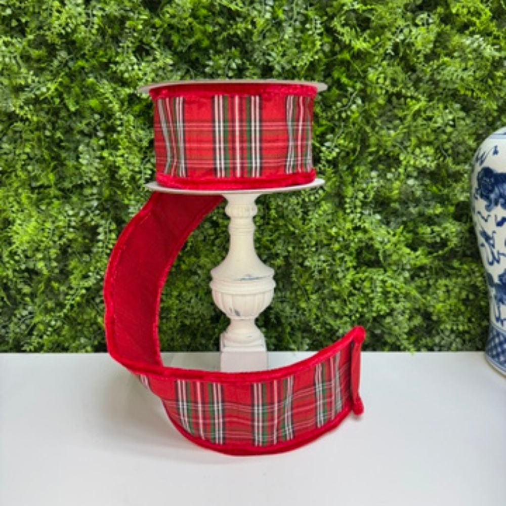 Farrisilk 4 inch Red Angsley Manor wired ribbon with red, green, black and ivory plaid, red velvet borders and red backing for Christmas bows and wreaths.