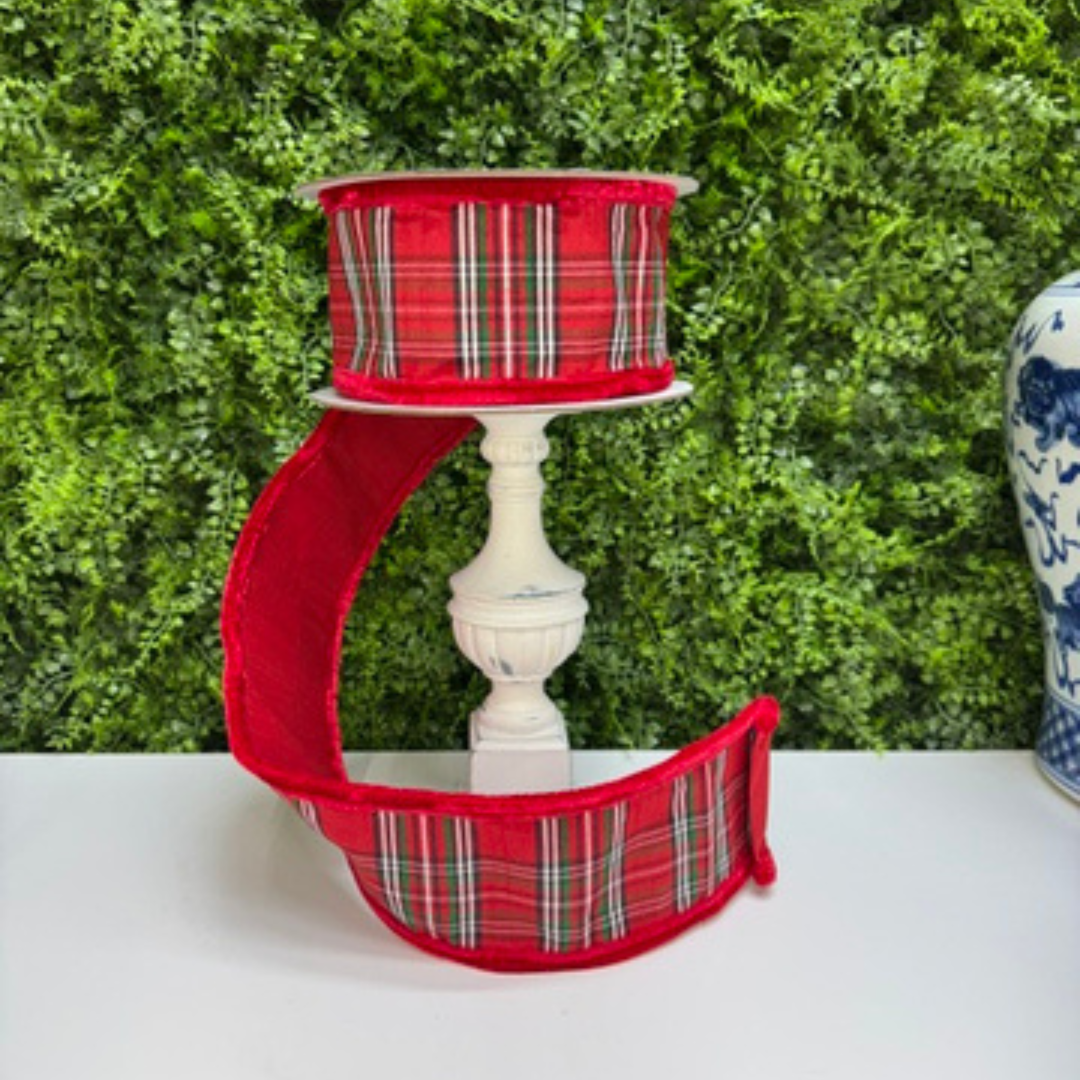 Farrisilk 4 inch Red Angsley Manor wired ribbon with red, green, black and ivory plaid, red velvet borders and red backing for Christmas bows and wreaths.