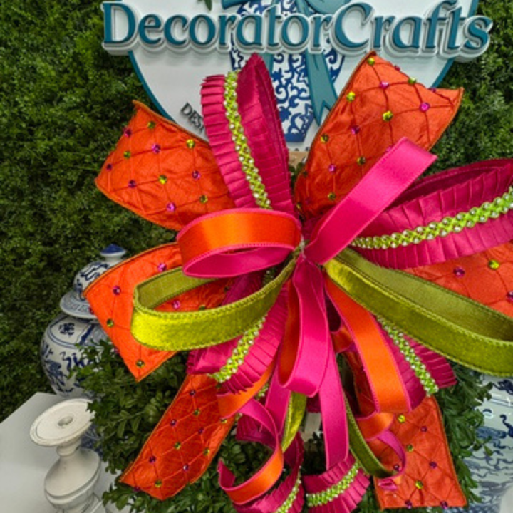 Hot Pink, Orange and Lime Green Custom Farrisilk XL bow sold with or without Boxwood Wreath
