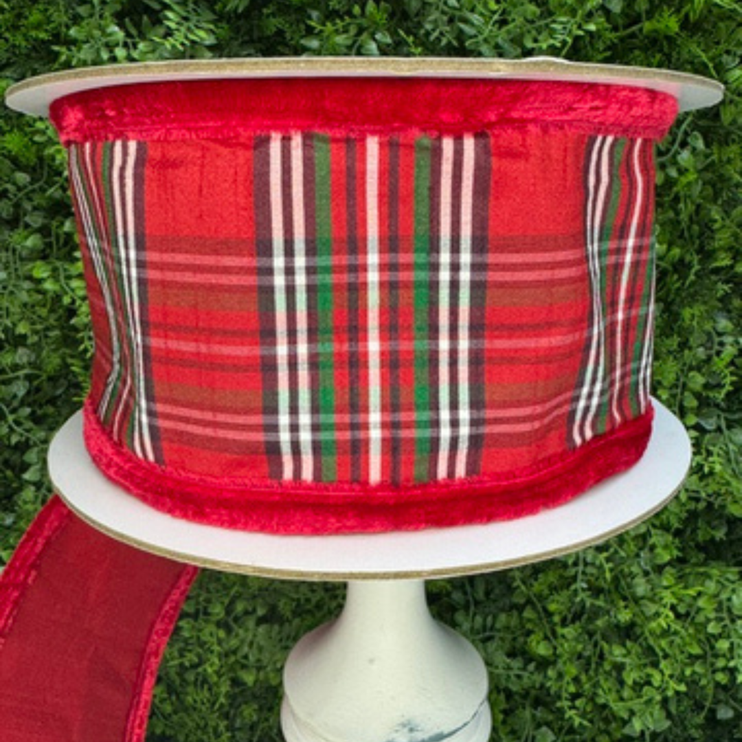 Farrisilk 4 inch Red Angsley Manor wired ribbon with red, green, black and ivory plaid, red velvet borders and red backing for Christmas bows and wreaths.