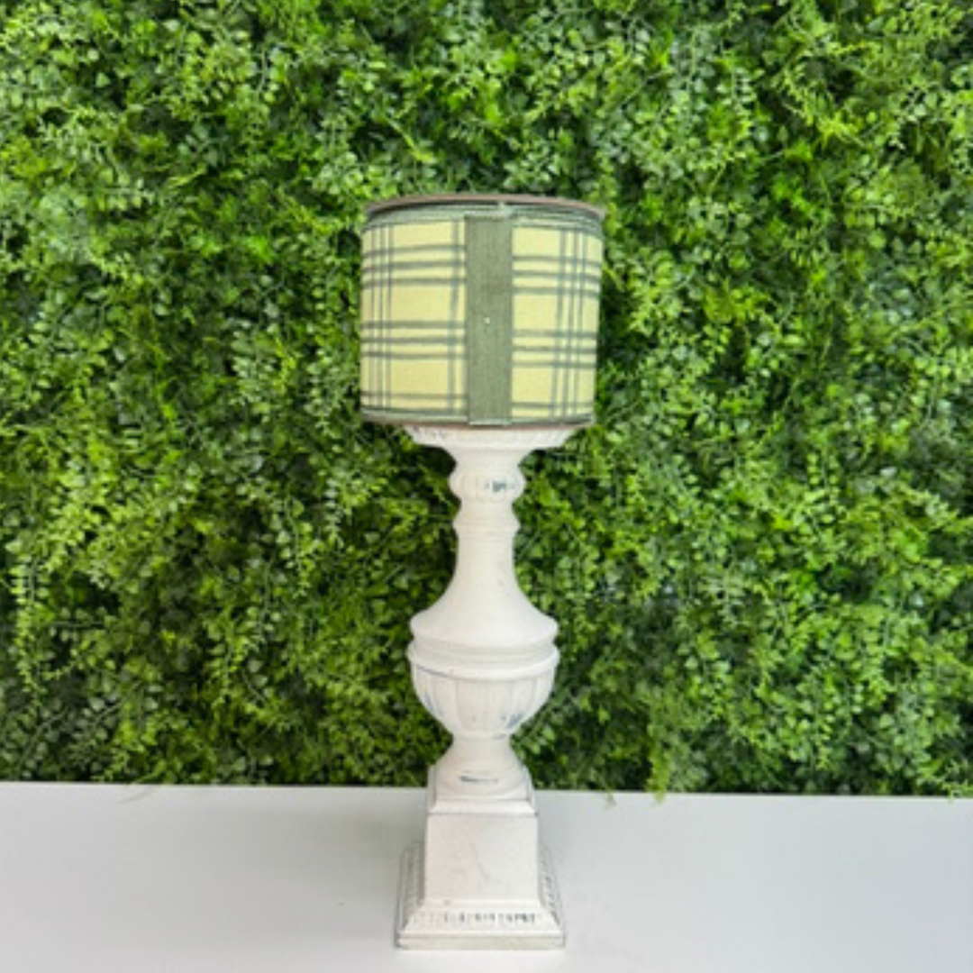 Exclusive Farrisilk sage green and cream wired ribbon on a spool.