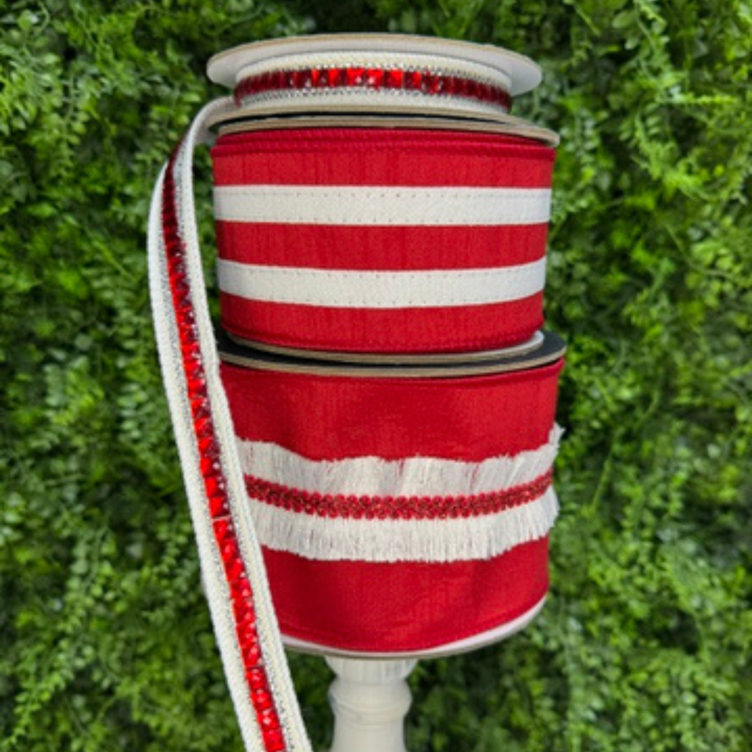 DC Exclusive Farrisilk 4" x 5 YD Red with White Velvety Fringe Wired Ribbon