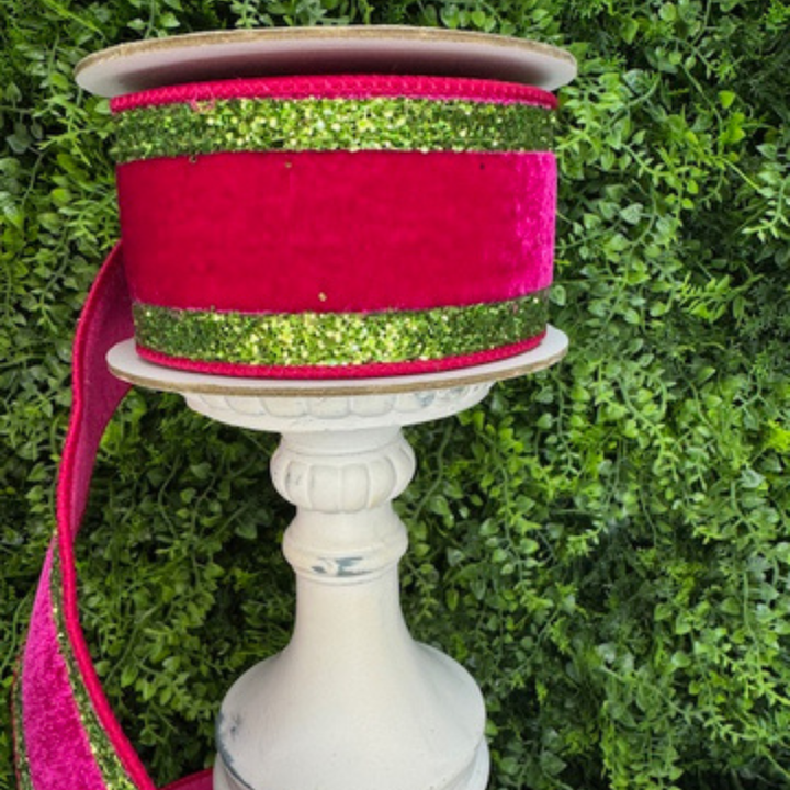 Luxury Hot Pink velvet with Lime Green glitter edges used for decorating wreaths, floral arrangements and home decor.