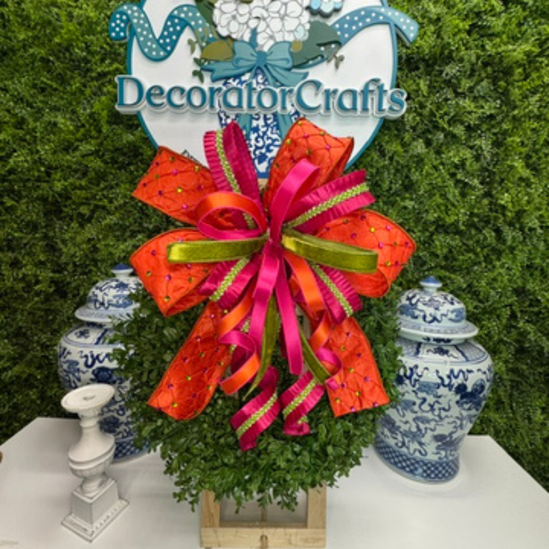Hot Pink, Orange and Lime Green Custom Farrisilk XL bow sold with or without Boxwood Wreath