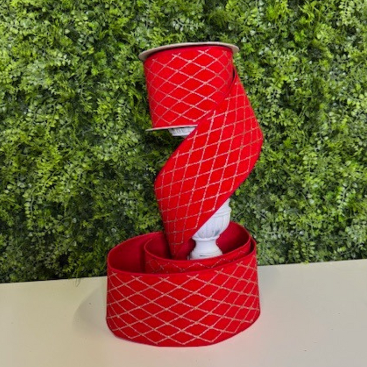 Farrisilk 4" x 10 YD Red Velvet Harlequin Wired Ribbon