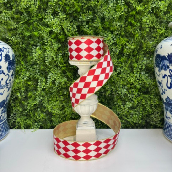 Farrisilk 2.5 inch x 10 yard red and white Harlequin wired ribbon with metallic gold back for bows, wreaths, Christmas and Valentine's Day décor.