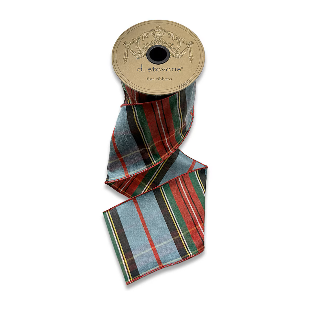 d. stevens 4 inch Traditional Tartan wired ribbon in red, green and blue plaid with black and gold accents for Christmas bows, wreaths and trees.