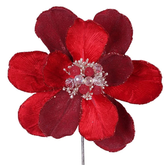Farrisilk 10-inch red Grand Magnolia stem with oversized layered petals, sparkling trim, pearls and crystal-like jeweled center for luxury seasonal décor.