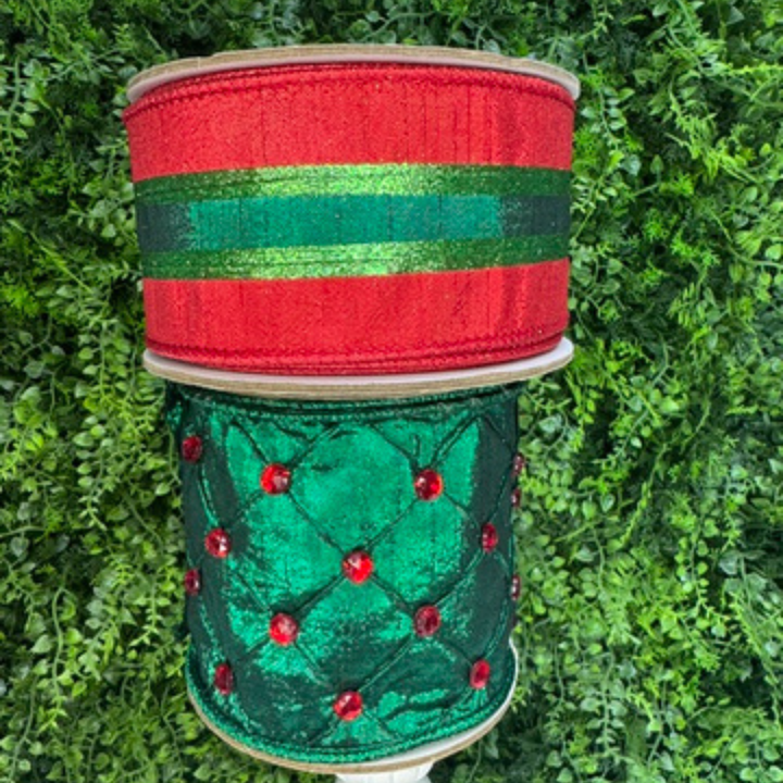 showing the classic stripes ribbon piared with the Farrisilk Queen's quilt wired ribbon