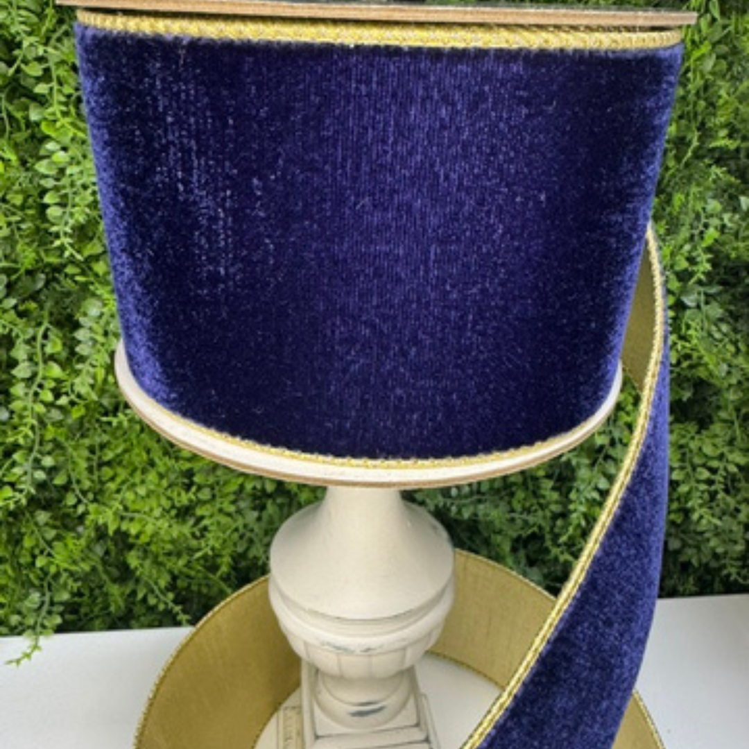 Farrisilk 4 inch x 10 yard navy blue Flashy Velvet wired ribbon with metallic gold back for designer bows, wreaths, Christmas trees and luxury décor.