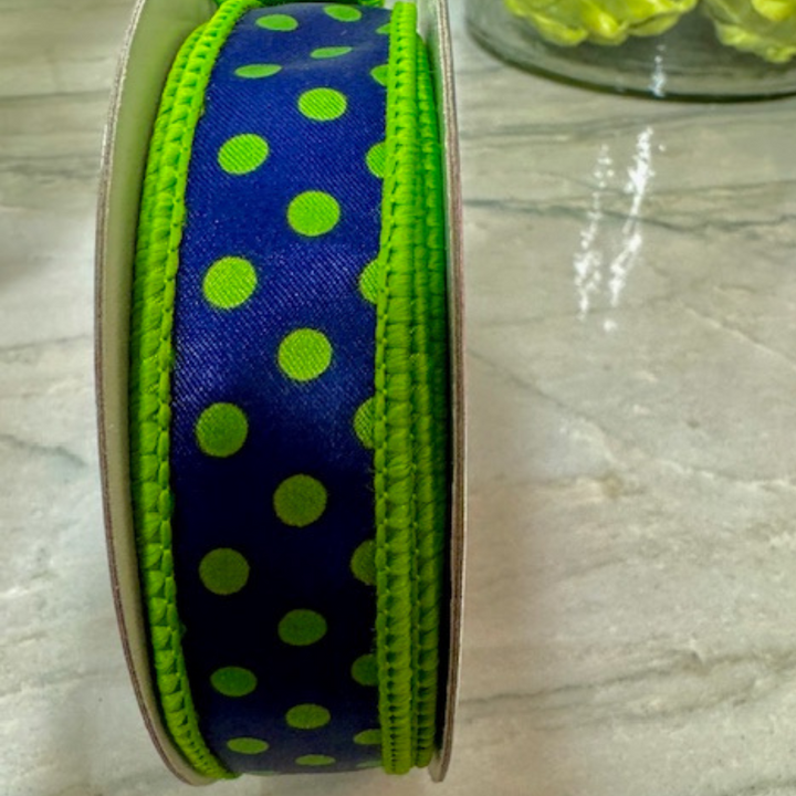 DC Exclusive - Farrisilk 1" X 10 YD Mini Dots in Purple and Lime Wired Ribbon