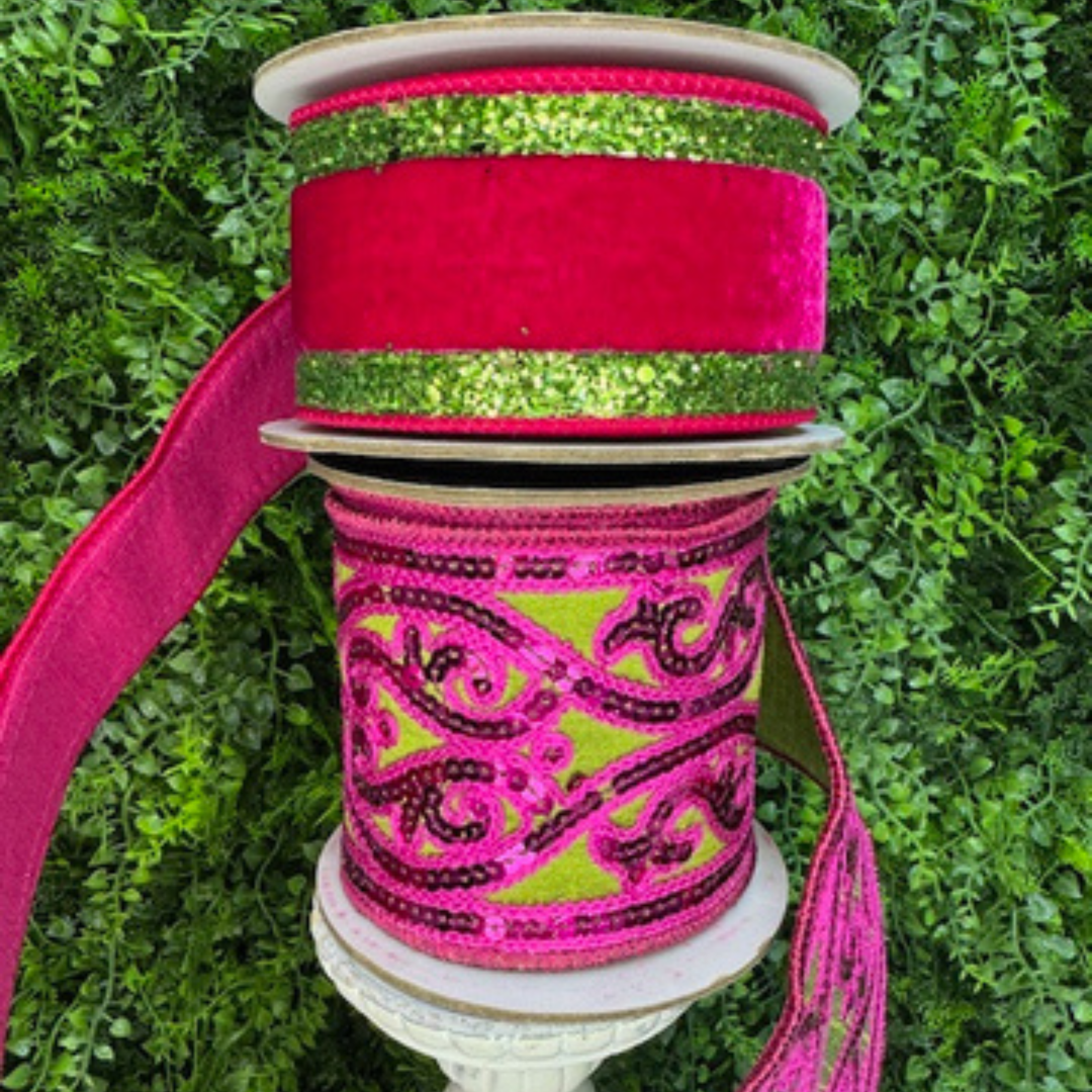 Bold Hot Pink velvet Wired ribbon with Lime Green sparkle trim paired with the Morris tapestry sequin ribbon in Hot Pink and Lime Green