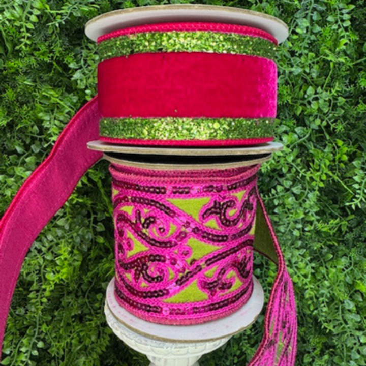 Bold Hot Pink velvet Wired ribbon with Lime Green sparkle trim paired with the Morris tapestry sequin ribbon in Hot Pink and Lime Green