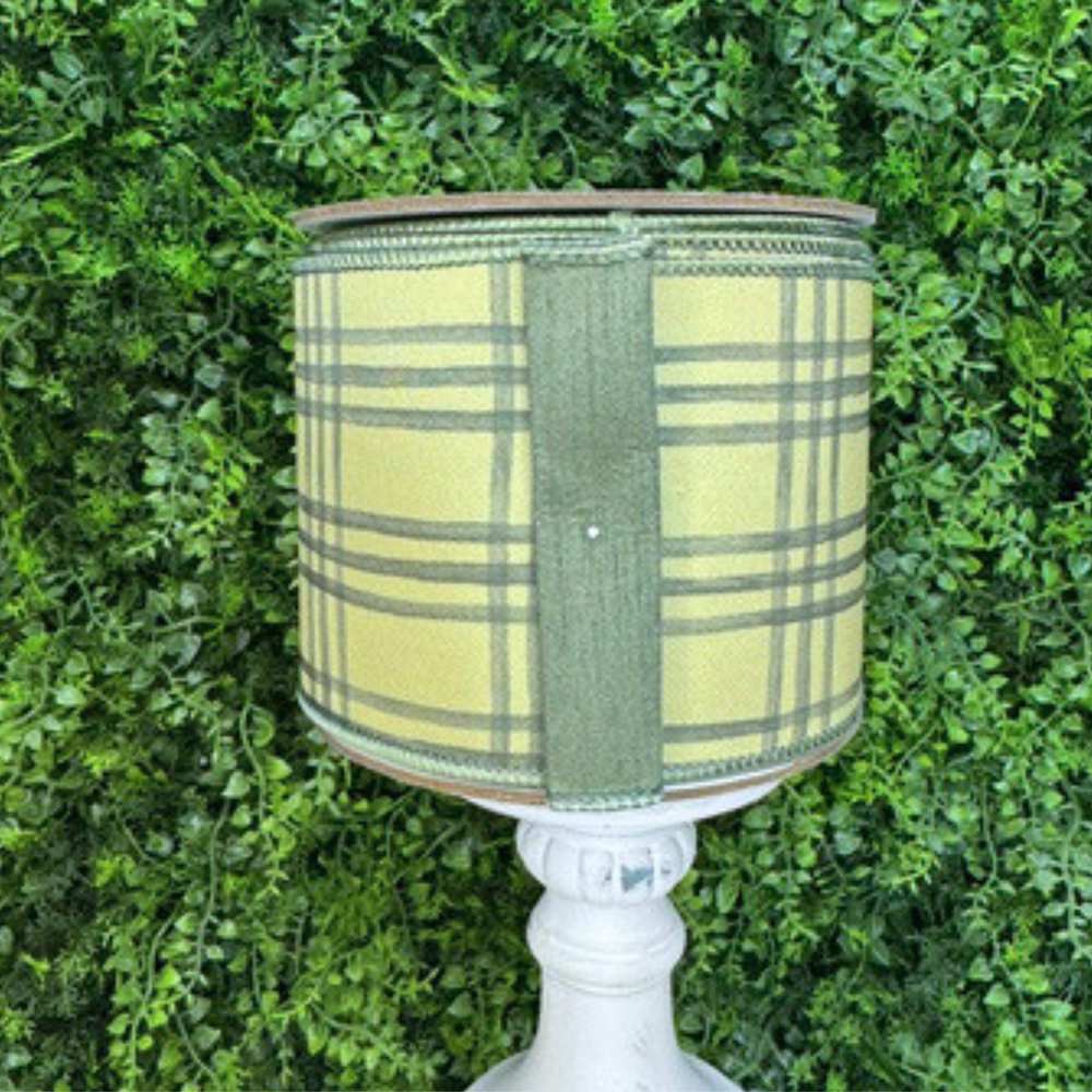 Exclusive Farrisilk sage green and cream cottage plaid wired ribbon displayed on a spool perfect for designer bows, wreaths, floral arrangements and elegant home decor projects