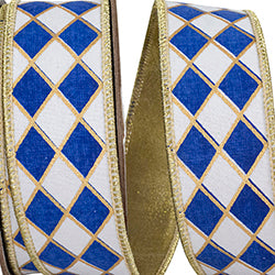 Reliant 1.5 inch x 10 yard royal blue and white Harlequin Diamond wired ribbon with gold outlines, gold edge and back for wreath bows and décor