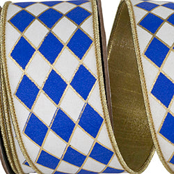 Reliant 2.5 inch x 10 yard royal blue and white Harlequin Diamond wired ribbon with gold outlines, gold edge and back for wreath bows and décor