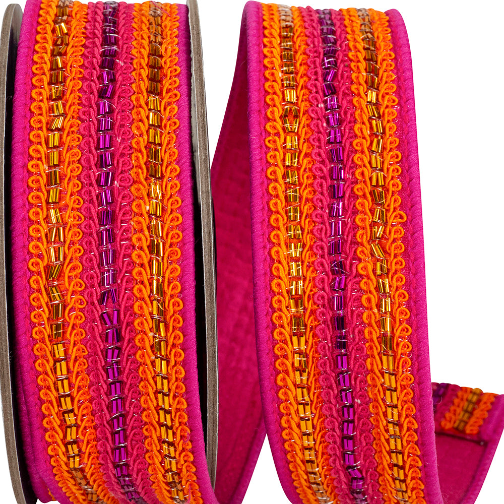 Reliant 1.5 inch x 5 yard fuchsia pink and orange Beaded Trimming Lines wired ribbon for colorful bows, wreaths, floral arrangements and DIY décor including Halloween.