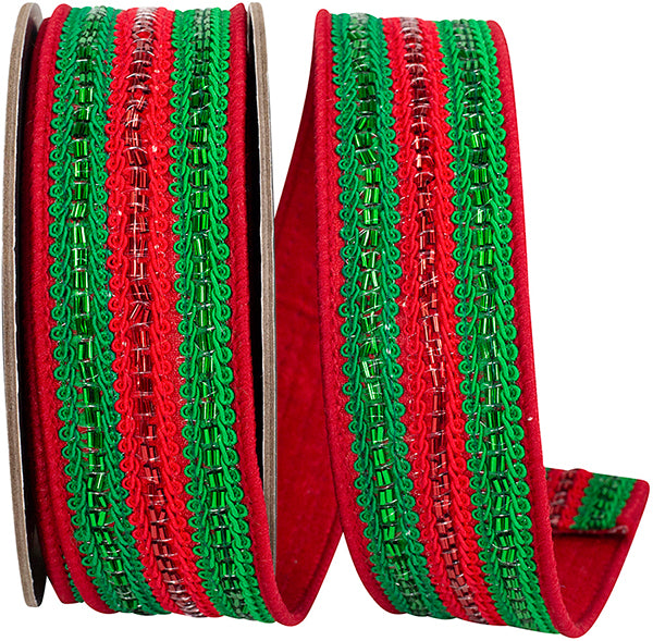 Reliant 1.5 inch x 5 yard red and green Beaded Trimming Lines wired ribbon for Christmas wreath bows, garlands, floral arrangements and holiday décor