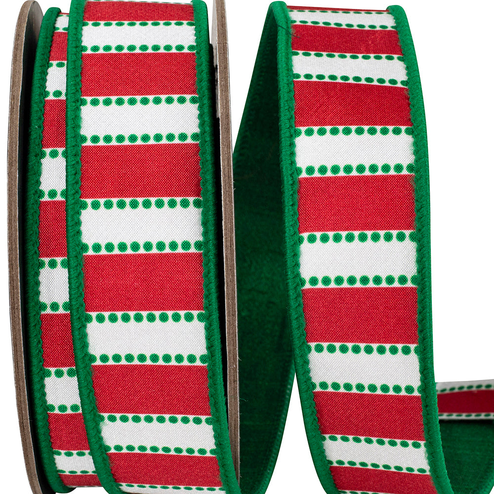 Reliant 1 inch x 10 yard red, green and white Dots and Bars striped dupioni wired ribbon with green edge and back for Christmas bows and holiday décor