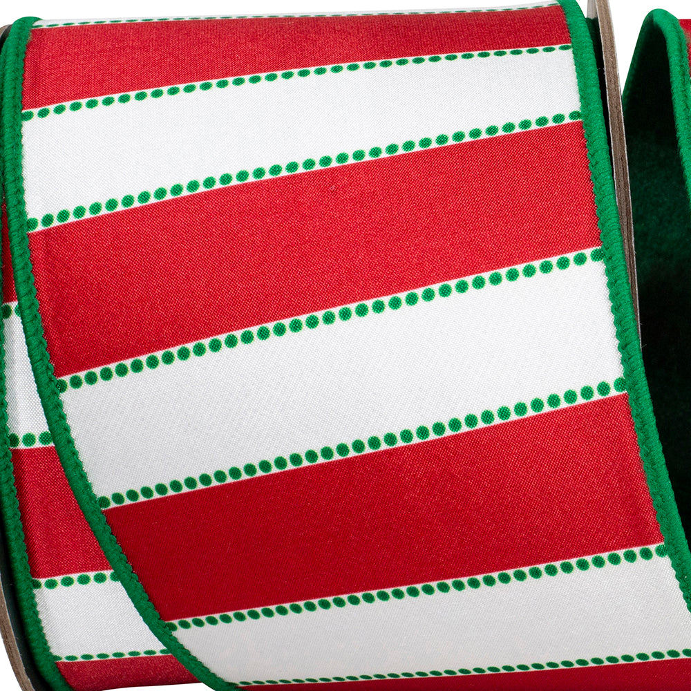 Reliant 4 inch x 10 yard red, green and white Dots and Bars striped dupioni wired ribbon with green edge and back for Christmas wreath bows and holiday décor