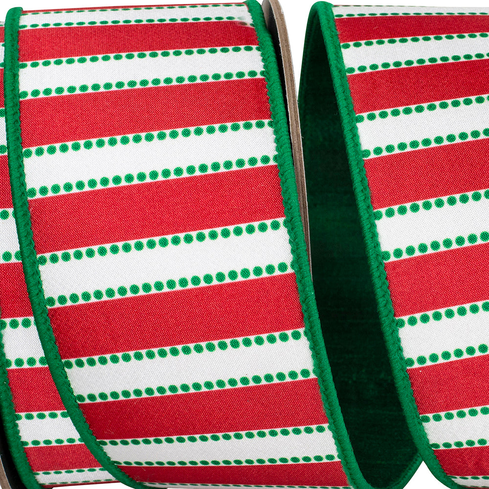 Reliant 2.5 inch x 10 yard red, green and white Dots and Bars striped dupioni wired ribbon with green edge and back for Christmas wreath bows and holiday décor