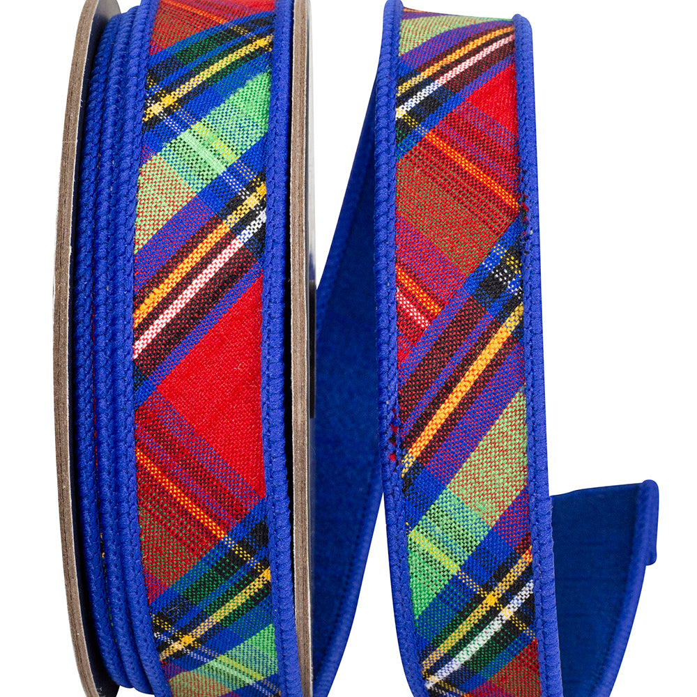 Reliant 1 inch x 10 yard Kamil multicolor plaid wired ribbon with royal blue, red and green tones and royal blue back for bows and wreath décor