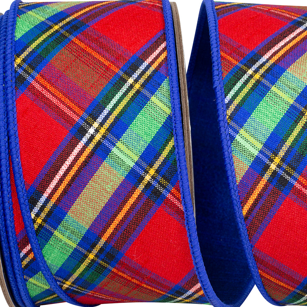 Reliant 2.5 inch x 10 yard Kamil multicolor plaid wired ribbon with red, royal blue, green and royal blue back for wreath bows and holiday décor