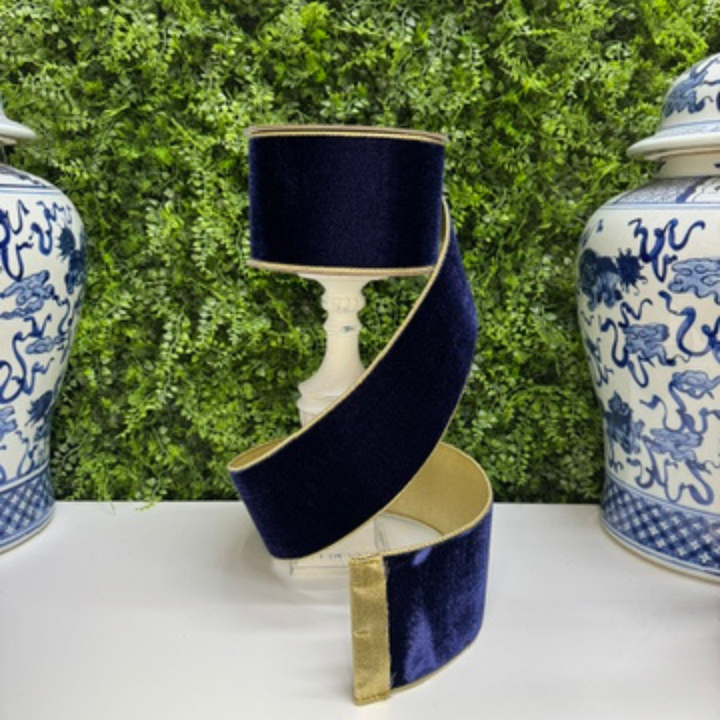 Farrisilk 4" x 10 YD Navy Blue Flashy Velvet Wired Ribbon with Gold Back