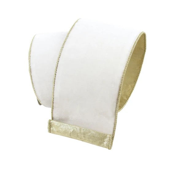 Farrisilk 4 inch x 10 yard ivory flashy velvet wired ribbon with gold back for oversized designer bows, Christmas wreaths, Fall decorating, weddings, Easter, floral arrangements, and luxury home décor.