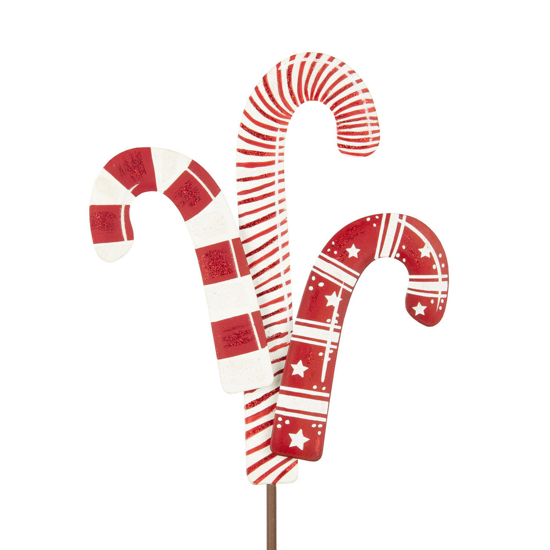 Round Top Collection 9.5" Metal Three Candy Cane Stake in Red and White
