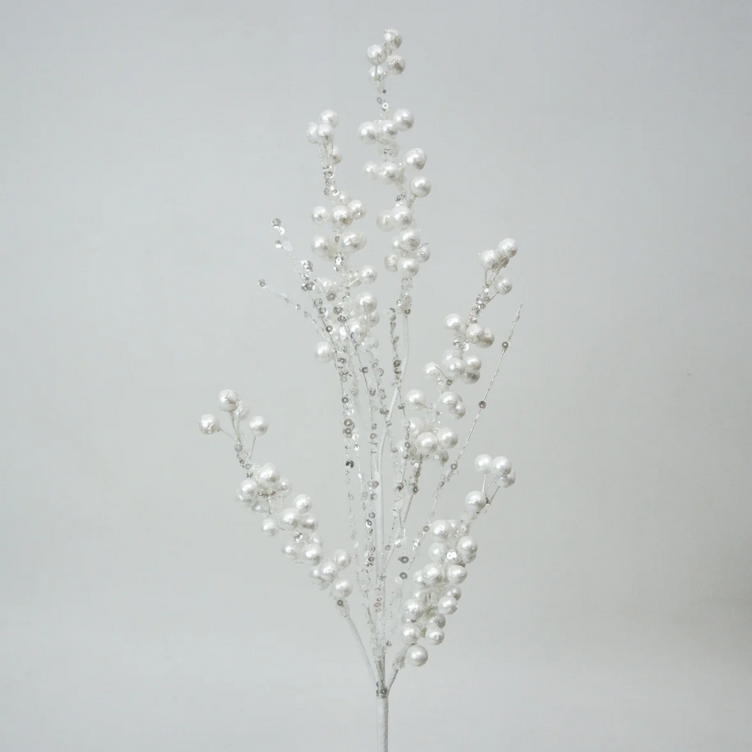 Farrisilk 30-inch white pearl spray with pearl-like berries and shimmering sequin accents for Christmas trees, wreaths, garlands and floral designs.