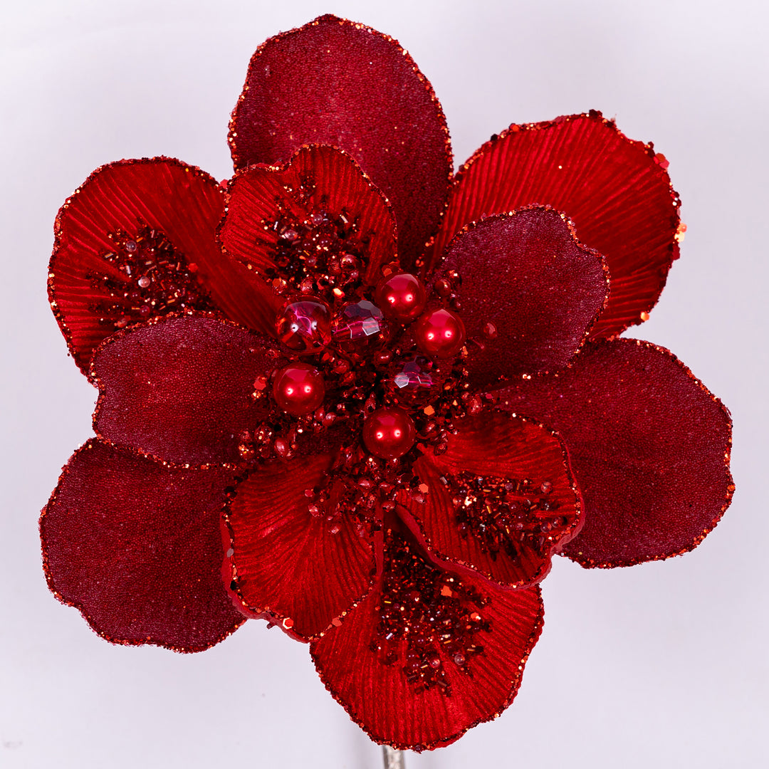 Farrisilk 7-inch red Grand Magnolia stem with layered petals, sparkling trim, pearls and jeweled center for Christmas trees, wreaths and floral décor.