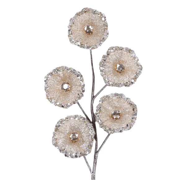 Farrisilk 28" Gold Crystal Trumpet Spray with five sequin-trimmed accents and crystal centers for Christmas trees, wreaths and luxury holiday décor