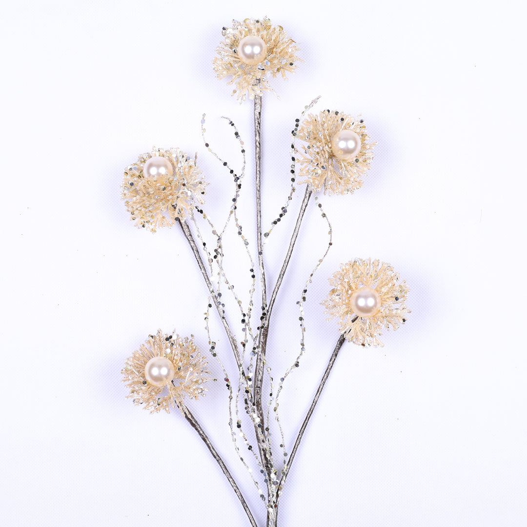 Farrisilk 28" Ivory Pearl Puff Spray with five sparkling puff accents and pearl centers for Christmas trees, wreaths and elegant holiday décor.