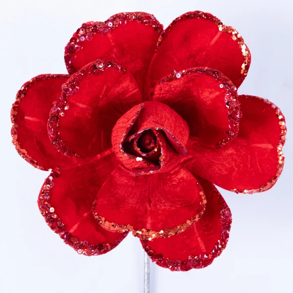Farrisilk 7" Red Jubilee Rose with layered petals and sparkling sequin accents for Christmas trees, wreaths, garlands and Valentine’s Day décor.