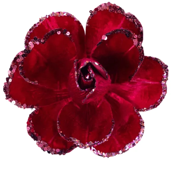 Farrisilk 7" Ruby Red Jubilee Rose with layered petals and sparkling sequin edges for Christmas trees, wreaths, garlands and Valentine’s Day décor.
