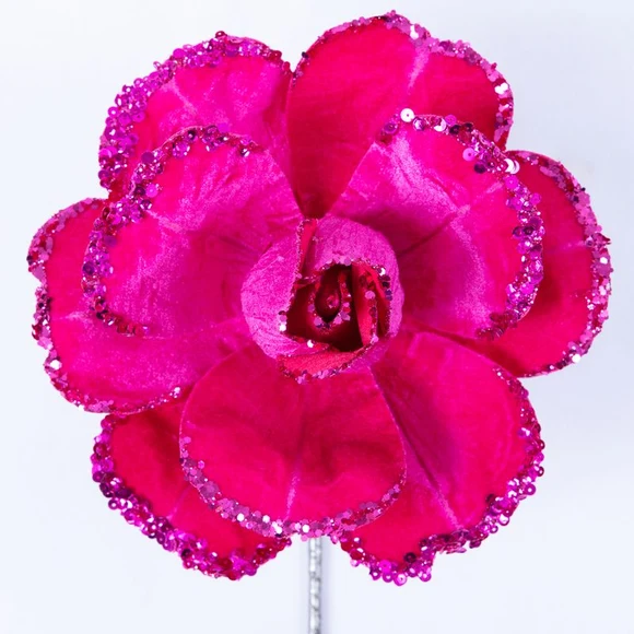 Farrisilk 7" Hot Pink Jubilee Rose with layered petals and sparkling sequin edges for Christmas trees, wreaths, garlands and colorful floral décor.