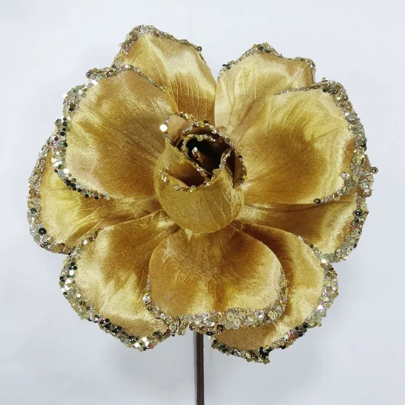 Farrisilk 7" Gold Jubilee Rose with layered metallic petals and sparkling sequin edges for Christmas trees, wreaths, garlands and elegant floral décor.