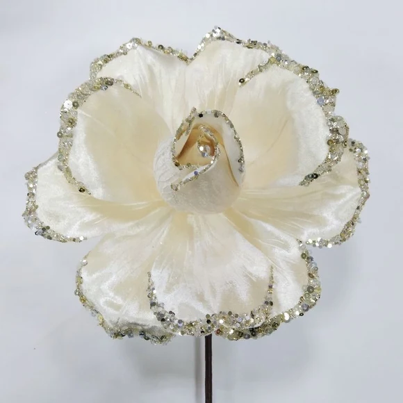 Farrisilk 7" Ivory Jubilee Rose with layered petals and sparkling sequin edges for Christmas trees, wreaths, garlands and elegant floral décor.