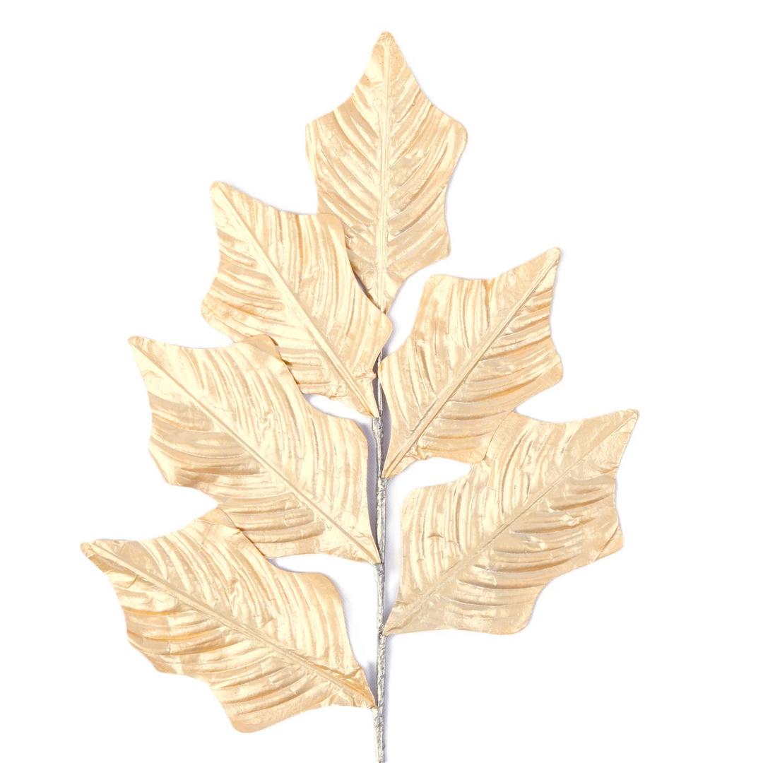 Farrisilk 26" Gold Poinsettia Leaves with metallic finish and textured veining for Christmas trees, wreaths, garlands and holiday floral arrangements.