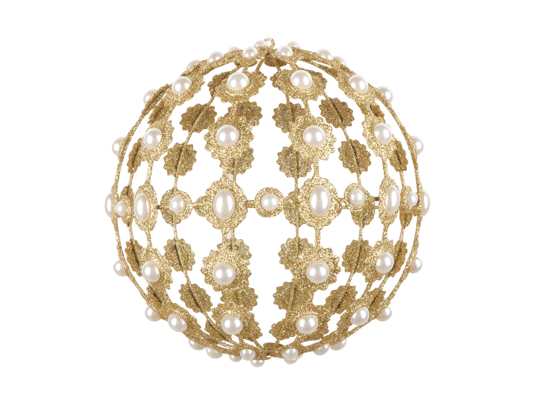 Farrisilk 8 inch 200MM gold glitter openwork Christmas ornament with pearl accents for luxury Christmas trees, wreaths, garlands and elegant holiday décor