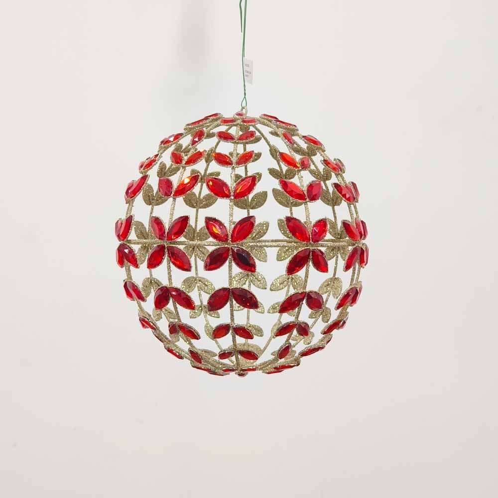 Farrisilk 10 inch Red Gemstone Globe Ornament with faceted red jewels and sparkling gold leaf detailing for luxury Christmas trees and holiday décor.