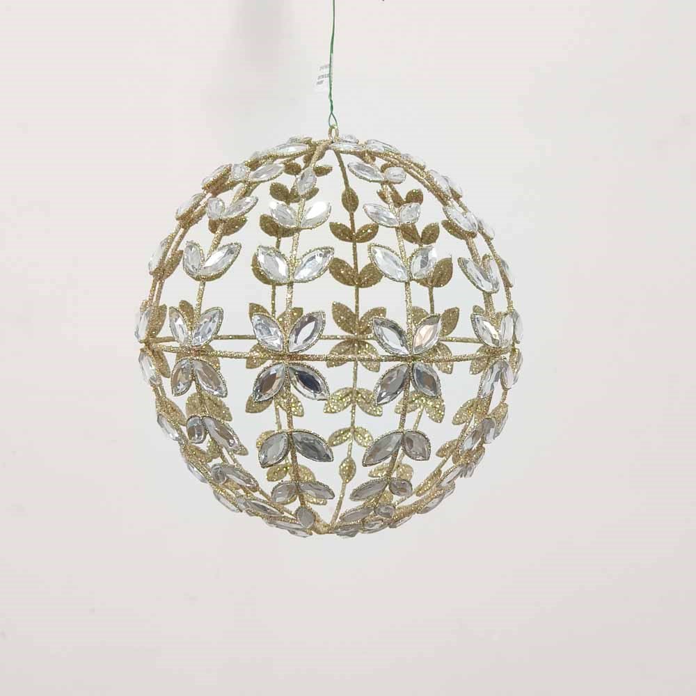Farrisilk 10 inch Platinum Gold Gemstone Globe Ornament with clear faceted jewels and sparkling gold foliage for luxury Christmas trees and holiday décor.