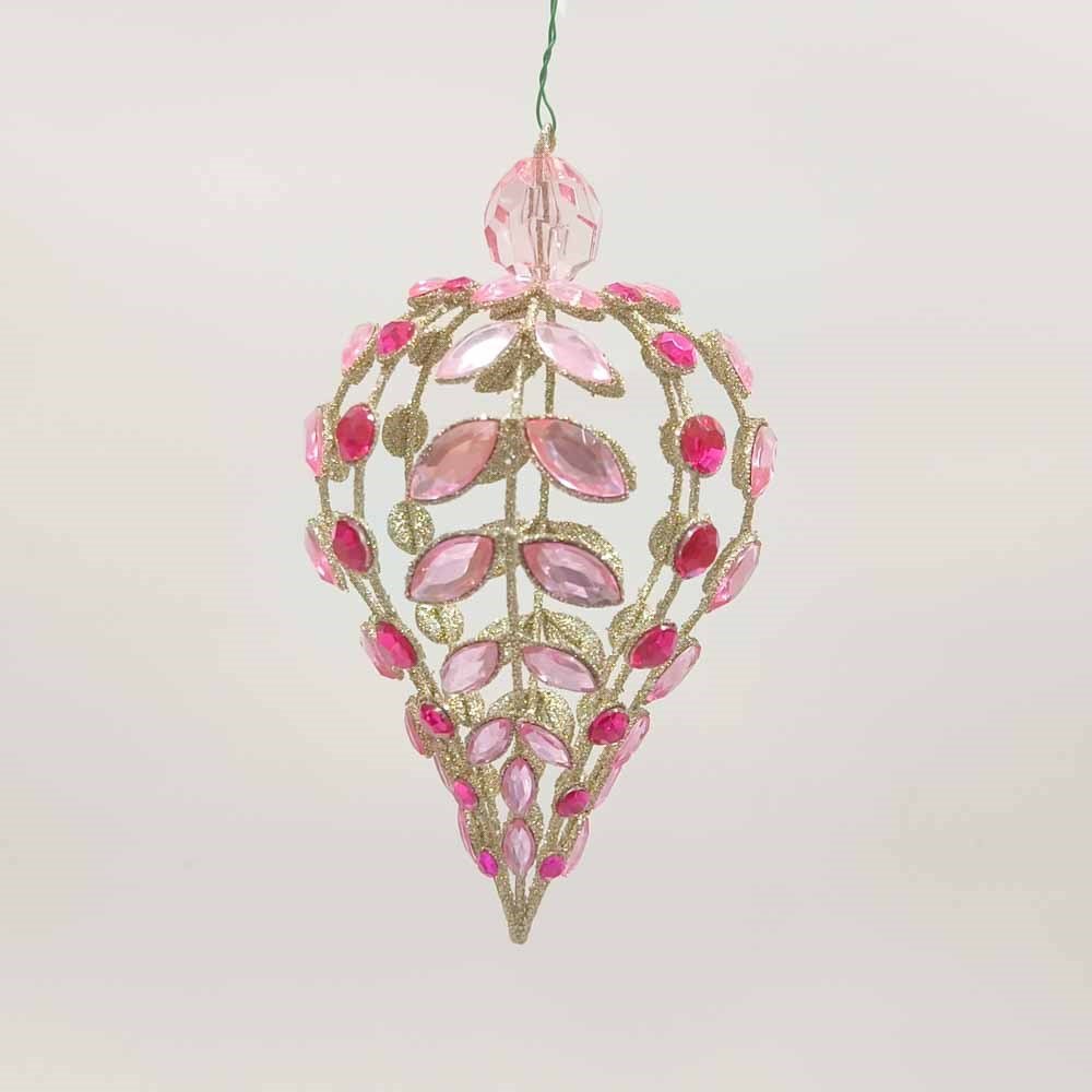 Farrisilk 7.5 inch Hot Pink and Light Pink Crystal Drop Ornament with faceted pink crystals and gold detailing for Christmas trees and holiday décor.