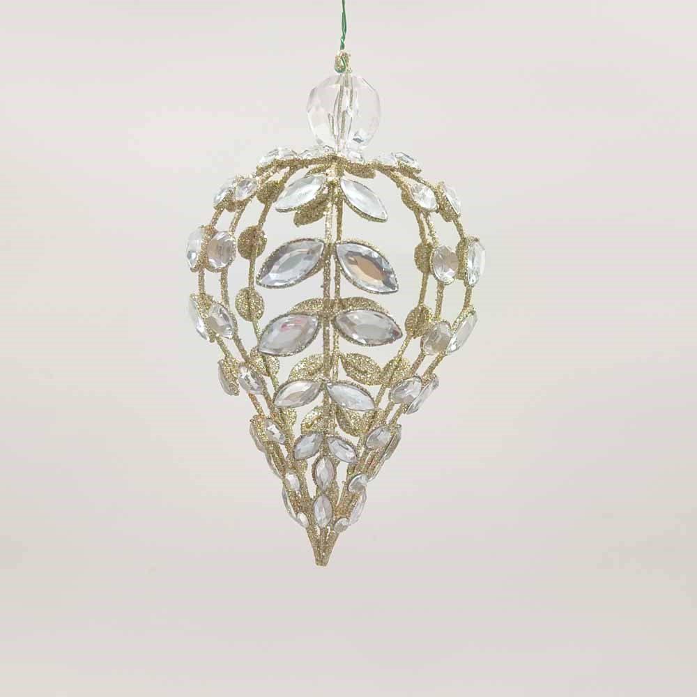 Farrisilk 7.5 inch Champagne Gold Crystal Drop Ornament with clear faceted crystals and gold leaf detailing for elegant Christmas trees and holiday décor.